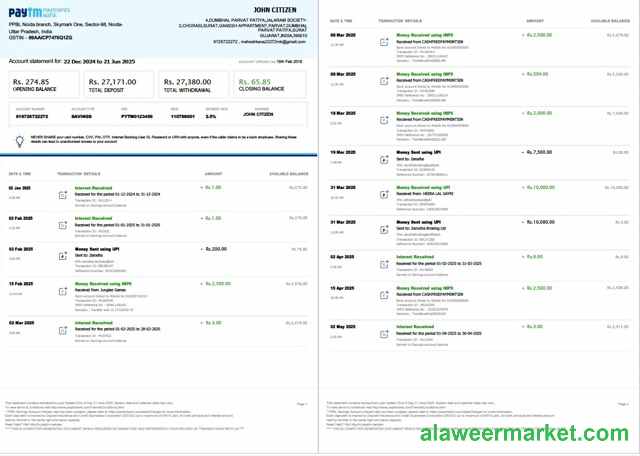 India PayTM Payments Bank account statement Word and PDF template, 3 pages, 1-2 pages